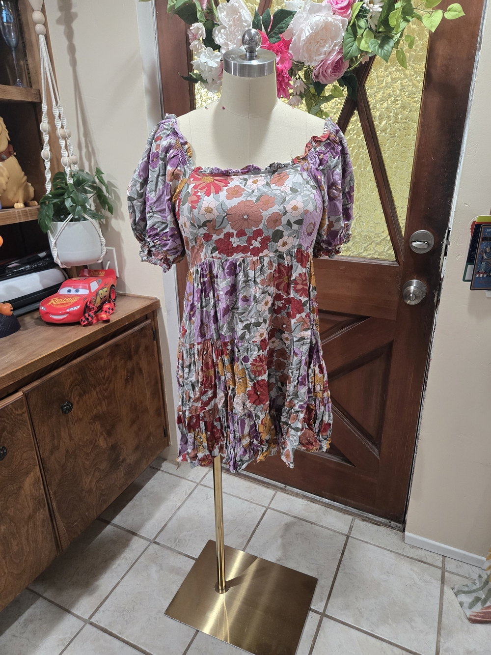 JODIFL Floral Puff-Sleeve Mini Dress in Purple and Multicolor